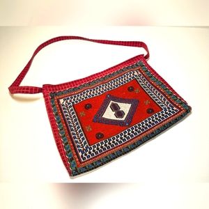 Vintage Rug Bag Red Textile & Velvet Boho Handwoven Carpet Shoulder Purse